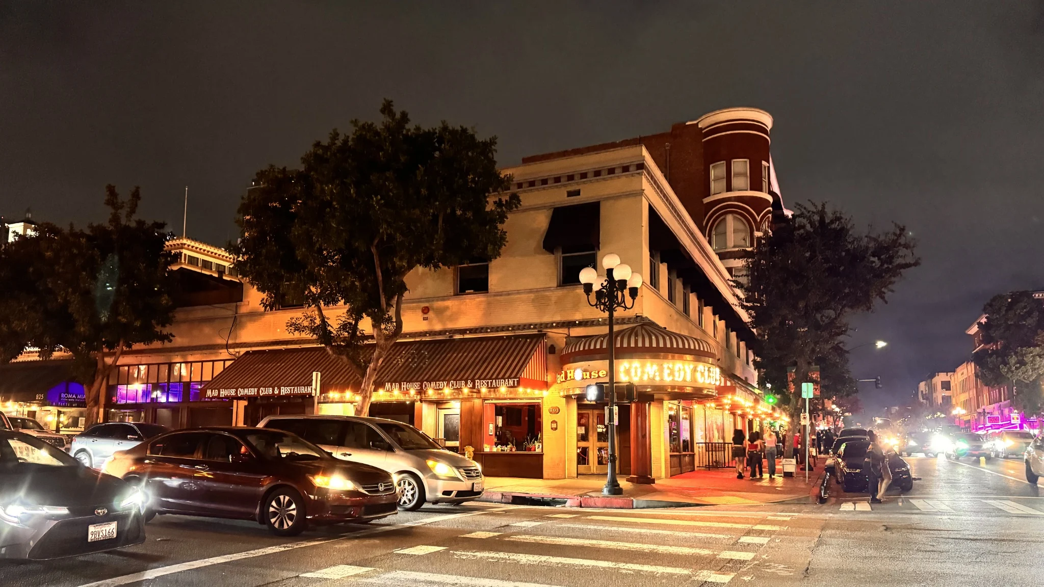 The World Famous Mad House Comedy Club in San Diego's Gaslamp Quarter at night